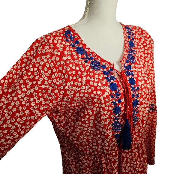 Solitaire Floral Summer Red Blue embroidered boho long sleeve blouse Size Medium - Picture 3 of 12